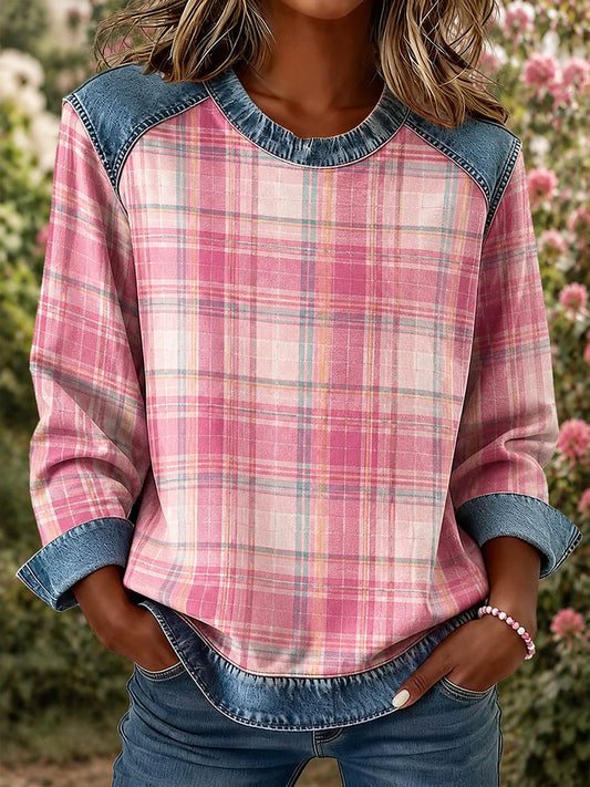 Women's Plaid Print Denim Patchwork Top