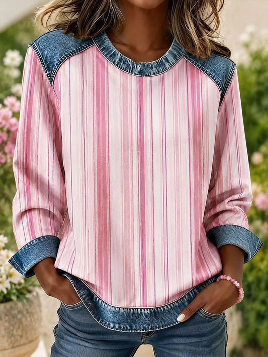 Women's Striped Print Denim Patchwork Top