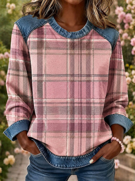 Women's Plaid Print Denim Patchwork Top