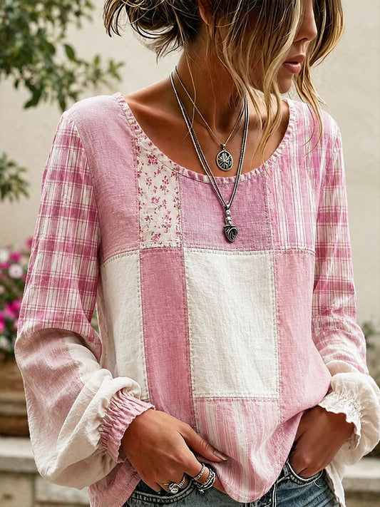 Kvinnors rosa blomster Patchwork konst bomull linneskjort