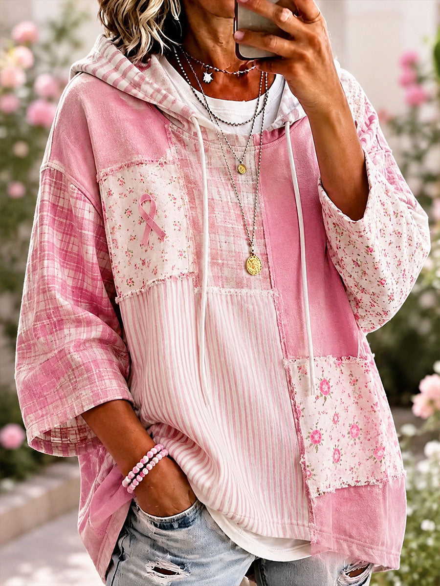 Kvinnors rosa blomster Patchwork konst Hoodie
