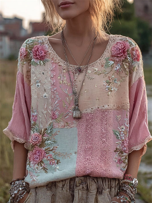 Kvinnors Vintage rosa rosor färgblock Textur Konst Skriv ut lin tunik