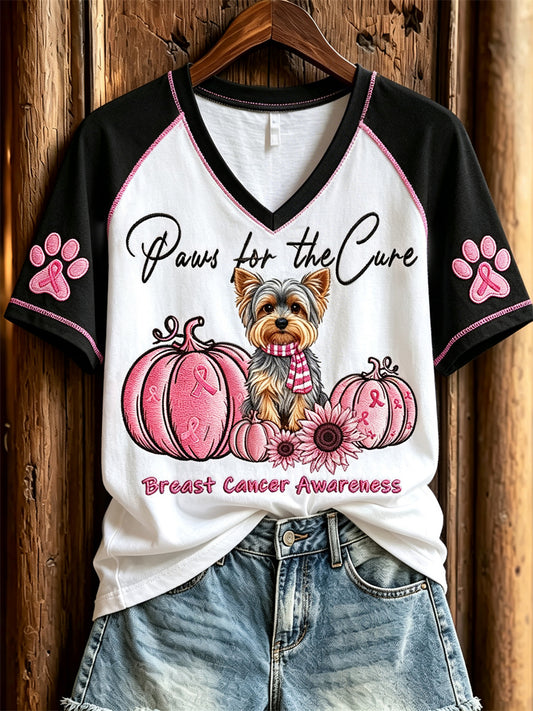 Kvinnor tass för bota bröstcancer medvetenhet Yorkshire Dog & Pink pumpor Skriv ut kortärmade T-shi. rt