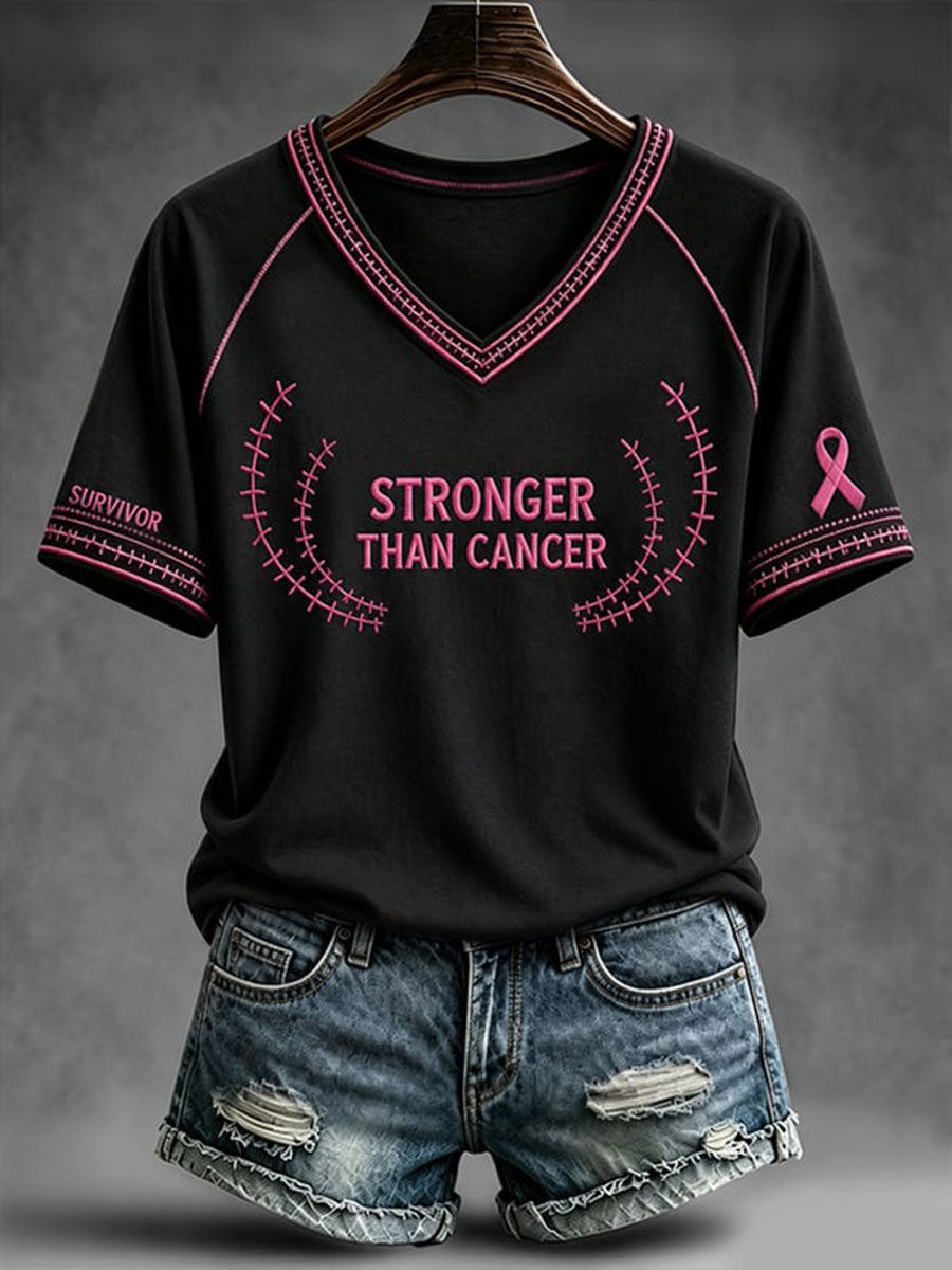 Kvinnors starkare än cancer V-hals Off-axel Kort-ärmad T-shirt
