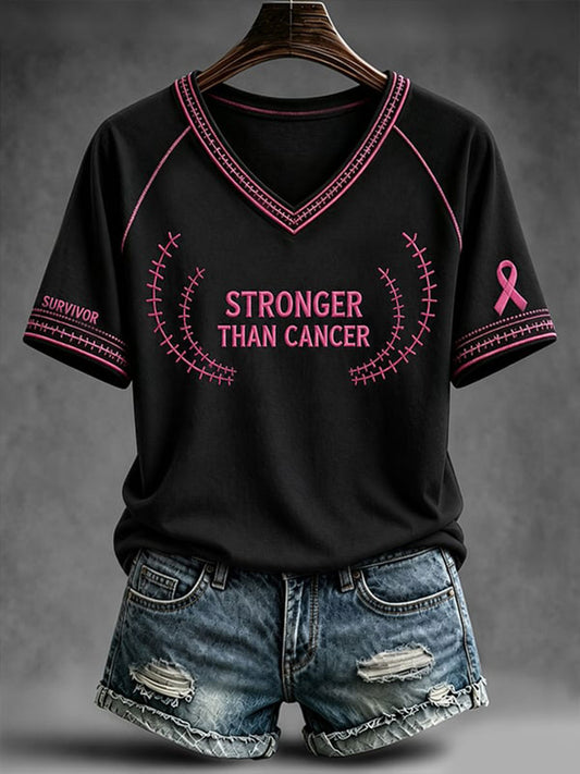Kvinnors starkare än cancer V-hals Off-axel Kort-ärmad T-shirt