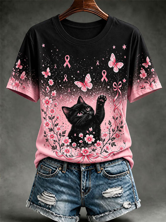 Kvinnors bröstcancer medvetenhet Cat Print Casual T-shirt