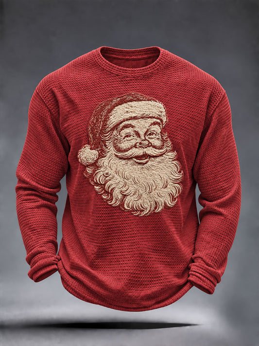 Mäns Vintage Santa Claus Jul Print Våffle Lång ärm T-shirt