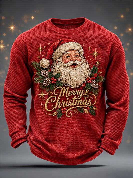 Mäns jul jultomten Print Casual våffle lång ärm T-shirt