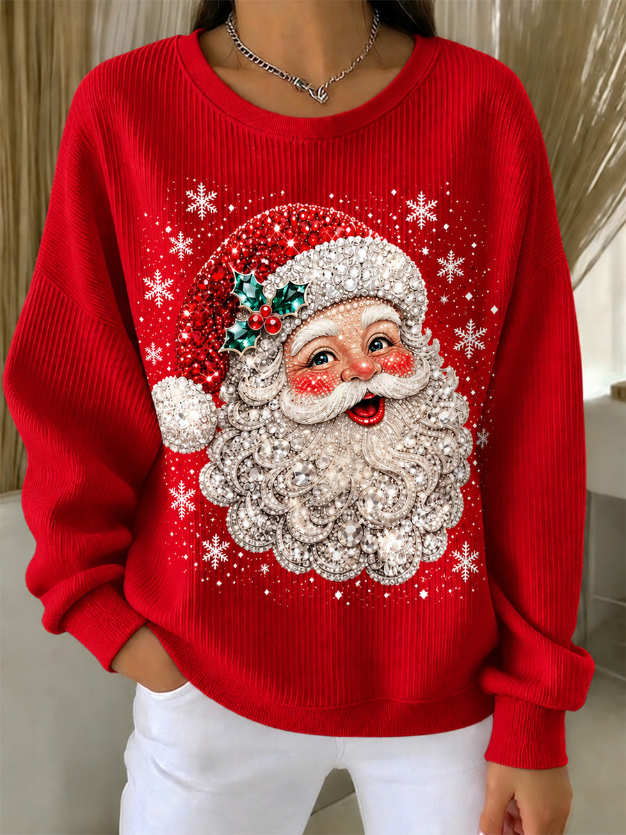 Kvinnors jultomten Print Casual Ribbed runda hals sweatshirt