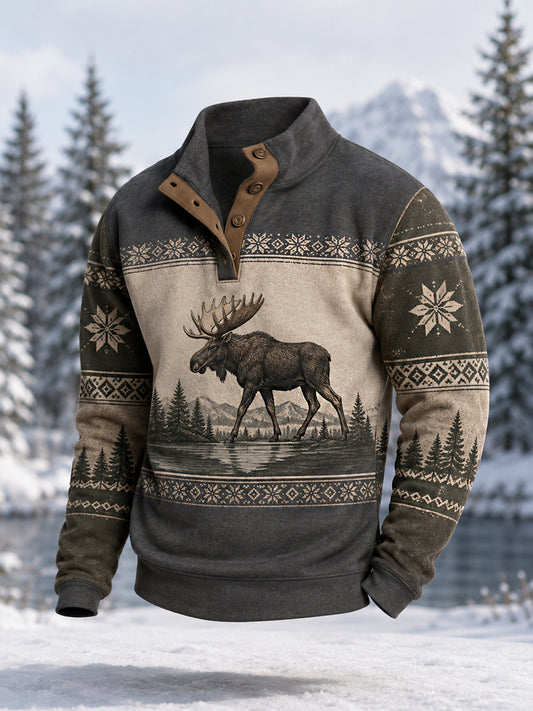 Herrvinterpullover med älgmönster, ledig stil