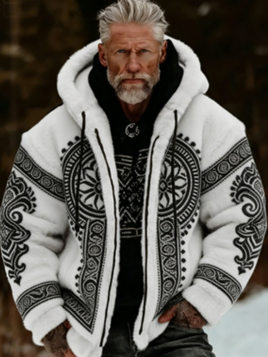 Herrjacka i viking- och keltisk stil, mjuk och mysig, med dragkedja och huva