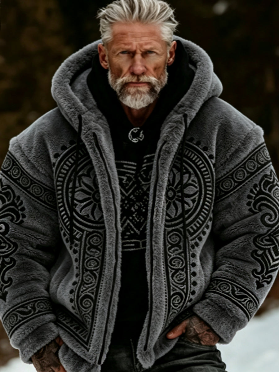 Herrjacka i viking- och keltisk stil, mjuk och mysig, med dragkedja och huva