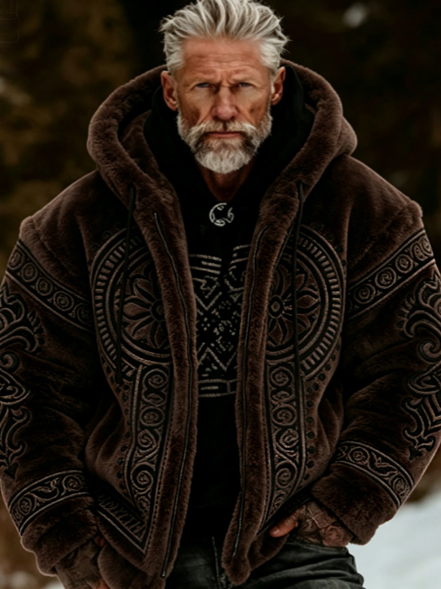 Herrjacka i viking- och keltisk stil, mjuk och mysig, med dragkedja och huva