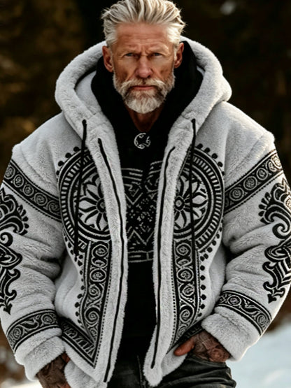 Herrjacka i viking- och keltisk stil, mjuk och mysig, med dragkedja och huva