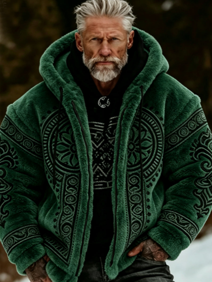 Herrjacka i viking- och keltisk stil, mjuk och mysig, med dragkedja och huva