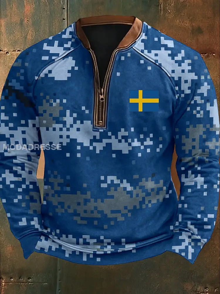 Sverige Flag Camo mönster Tryckt VintageTexture V-Hack stand krage blixtlåslå lång ärm Sweatshirt A / S