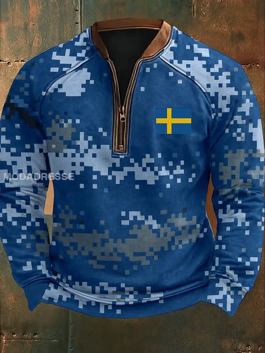 Sverige Flag Camo mönster Tryckt VintageTexture V-Hack stand krage blixtlåslå lång ärm Sweatshirt A / S