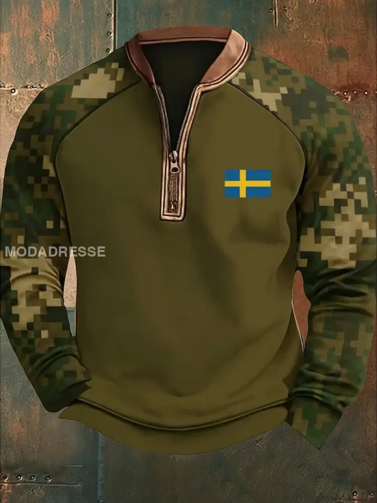 Sverige Flag Camo mönster Tryckt VintageTexture V-Hack stand krage blixtlåslå lång ärm Sweatshirt A / S