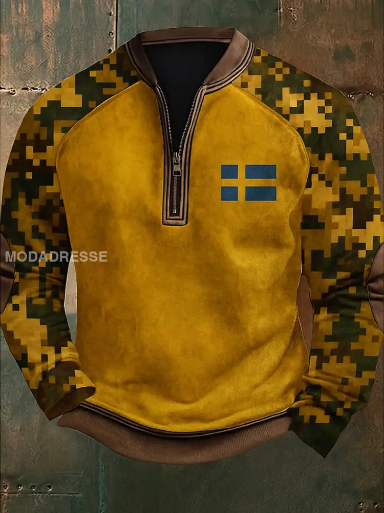 Sverige Flag Camo mönster Tryckt VintageTexture V-Hack stand krage blixtlåslå lång ärm Sweatshirt A / S
