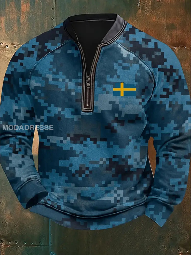 Sverige Flag Camo mönster Tryckt VintageTexture V-Hack stand krage blixtlåslå lång ärm Sweatshirt A / S