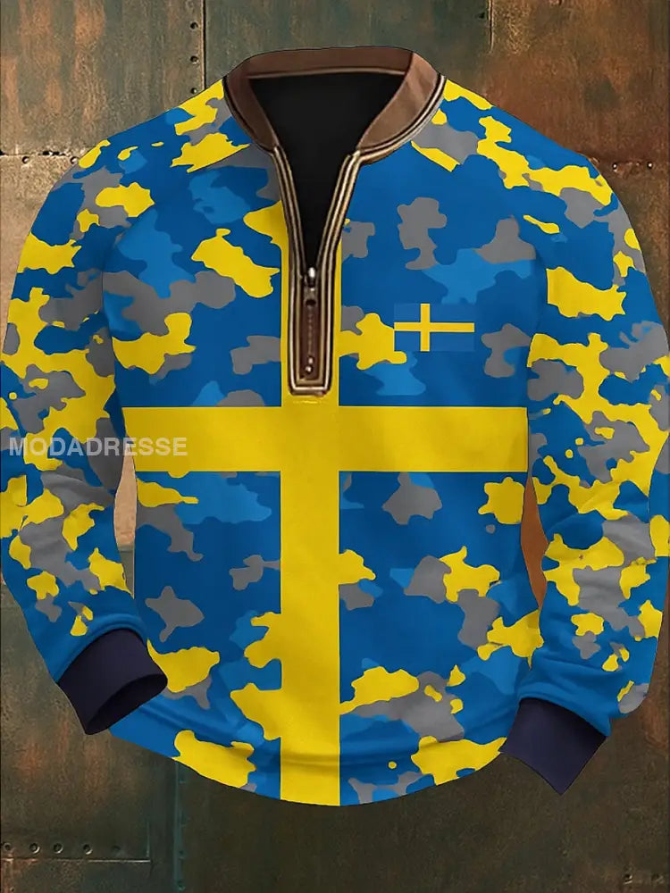 Sverige Flag Camo mönster Tryckt VintageTexture V-Hack stand krage blixtlåslå lång ärm Sweatshirt A / S