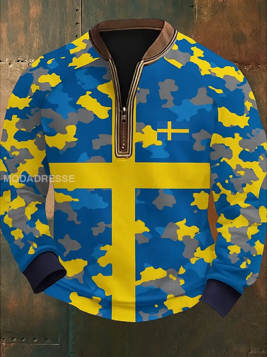 Sverige Flag Camo mönster Tryckt VintageTexture V-Hack stand krage blixtlåslå lång ärm Sweatshirt A / S