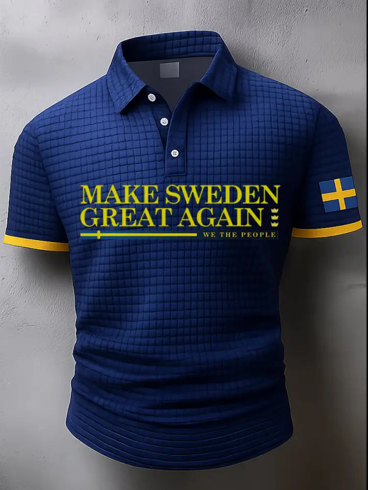 Sverige Flag Konstnärlig tryckt textur V-hals korta ärmar Polo-shirt A / S