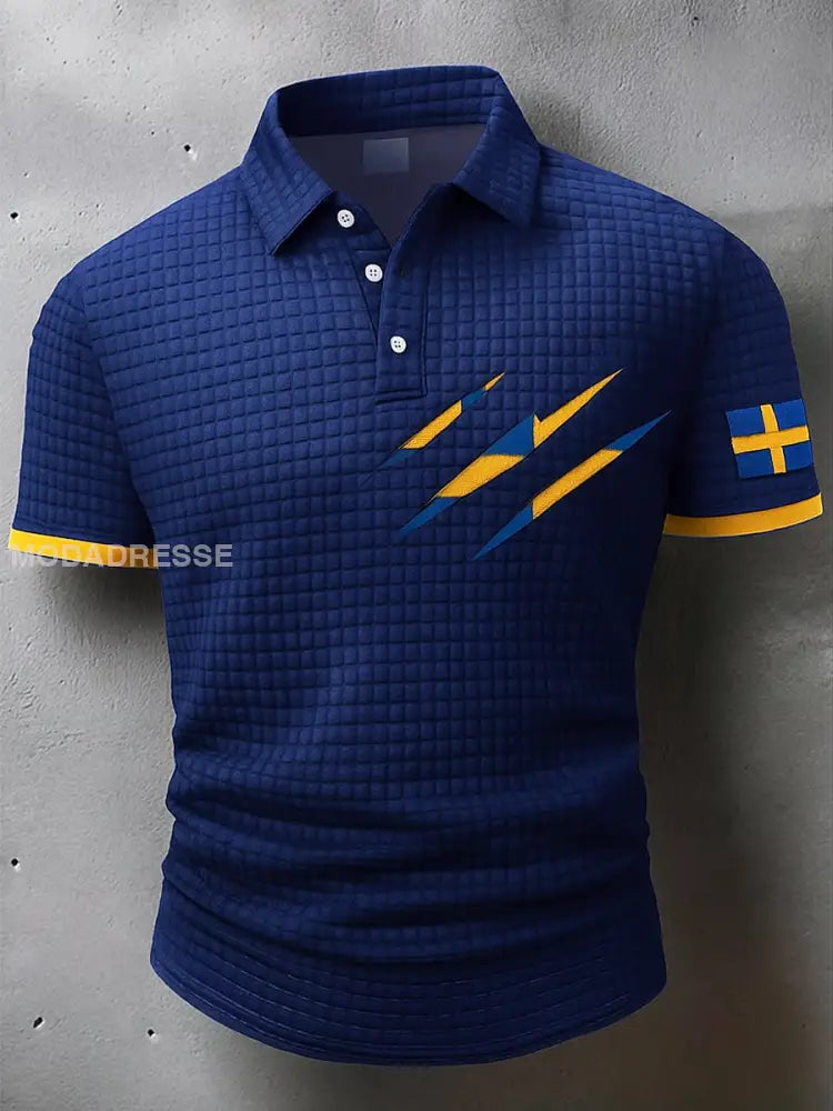 Sverige Flag Konstnärlig tryckt textur V-hals korta ärmar Polo-shirt A / S