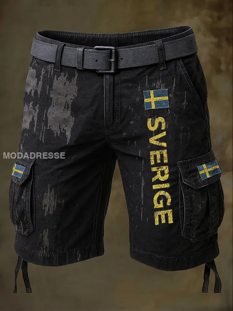 Sverige Flag Konstnärliga tryckt textur dragsträng Pocket Casual Cargo Shorts A / M