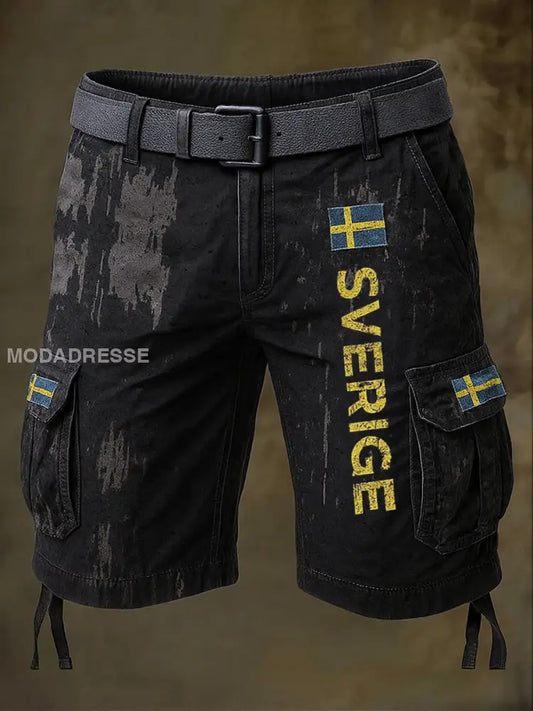 Sverige Flag Konstnärliga tryckt textur dragsträng Pocket Casual Cargo Shorts A / M