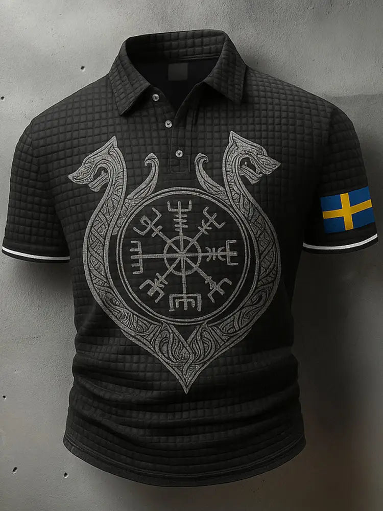 Sverige Flagg Viking konstnärlig tryckt textur V-hals korta ärmar Polo-shirt A / S