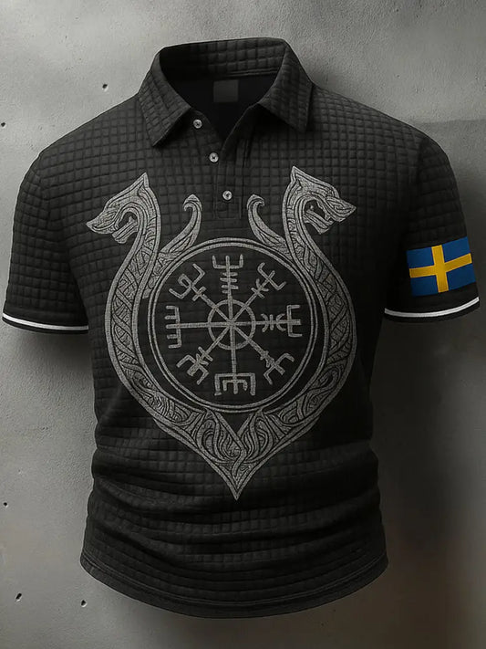 Sverige Flagg Viking konstnärlig tryckt textur V-hals korta ärmar Polo-shirt A / S
