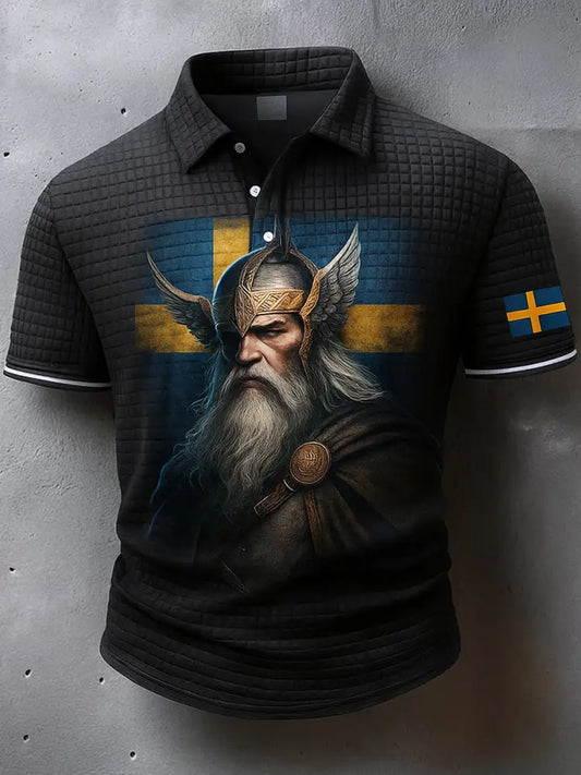 Sverige Flagg Viking konstnärlig tryckt textur V-hals korta ärmar Polo-shirt A / S