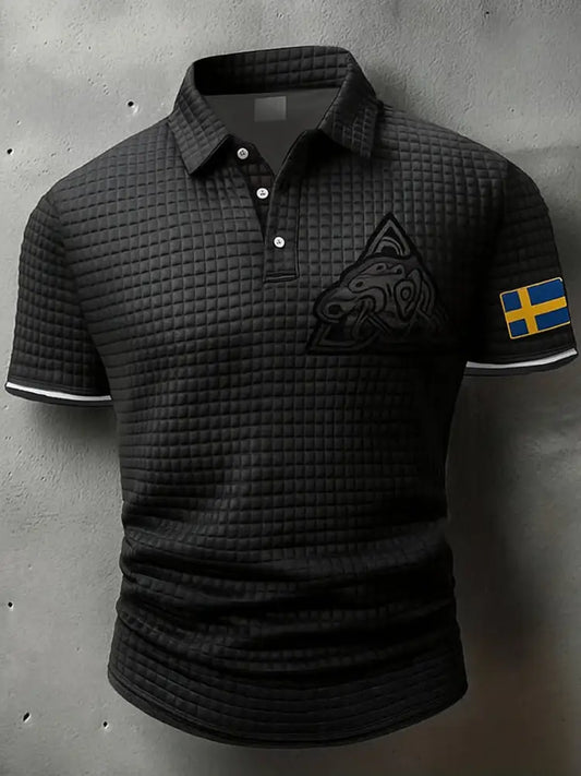 Sverige Flagg Viking konstnärlig tryckt textur V-hals korta ärmar Polo-shirt A / S
