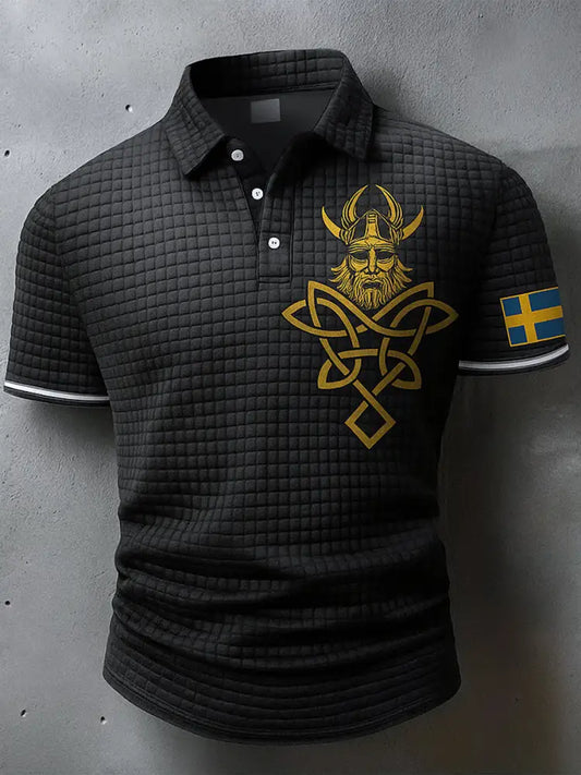 Sverige Flagg Viking konstnärlig tryckt textur V-hals korta ärmar Polo-shirt A / S