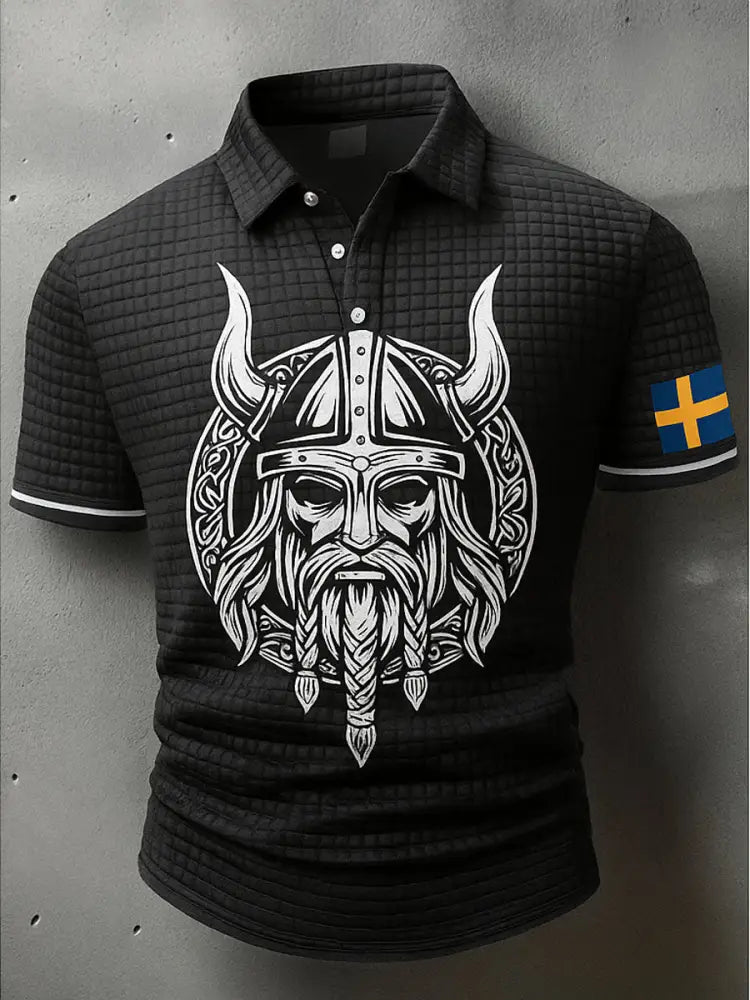 Sverige Flagg Viking konstnärlig tryckt textur V-hals korta ärmar Polo-shirt A / S