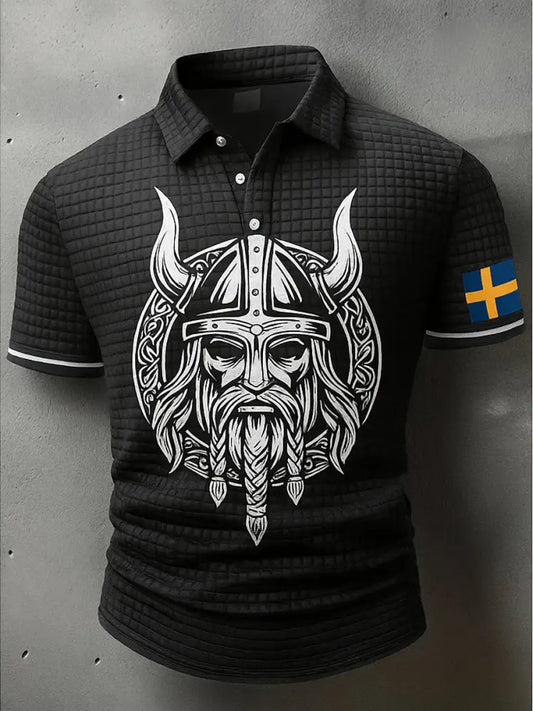Sverige Flagg Viking konstnärlig tryckt textur V-hals korta ärmar Polo-shirt A / S