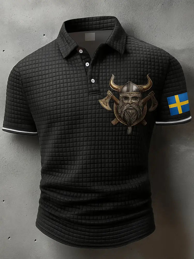 Sverige Flagg Viking konstnärlig tryckt textur V-hals korta ärmar Polo-shirt A / S