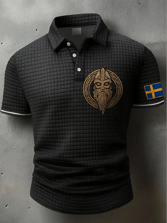 Sverige Flagg Viking konstnärlig tryckt textur V-hals korta ärmar Polo-shirt A / S