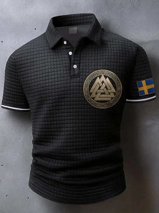 Sverige Flagg Viking konstnärlig tryckt textur V-hals korta ärmar Polo-shirt A / S