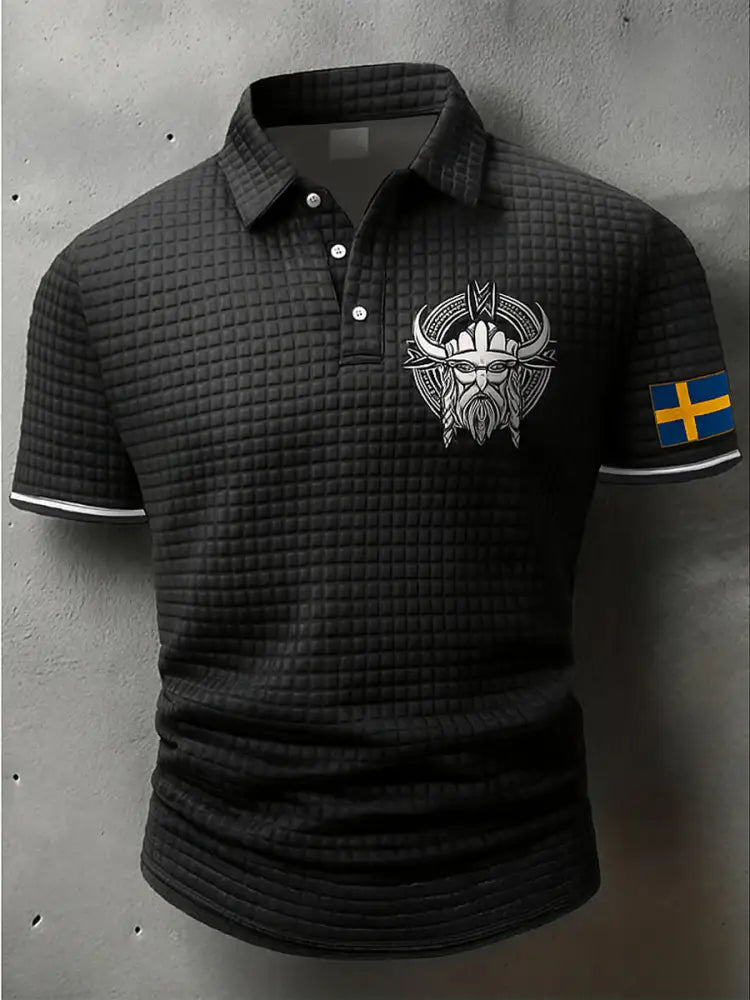 Sverige Flagg Viking konstnärlig tryckt textur V-hals korta ärmar Polo-shirt A / S