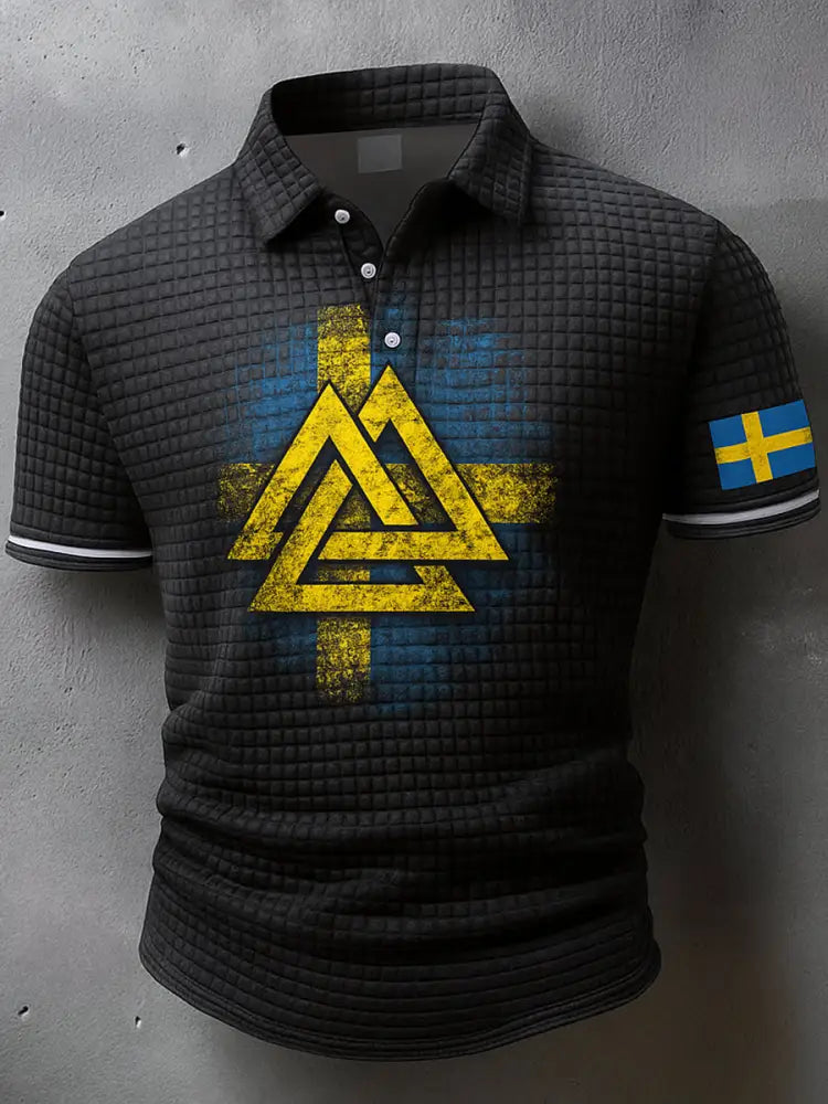Sverige Flagg Viking konstnärlig tryckt textur V-hals korta ärmar Polo-shirt A / S