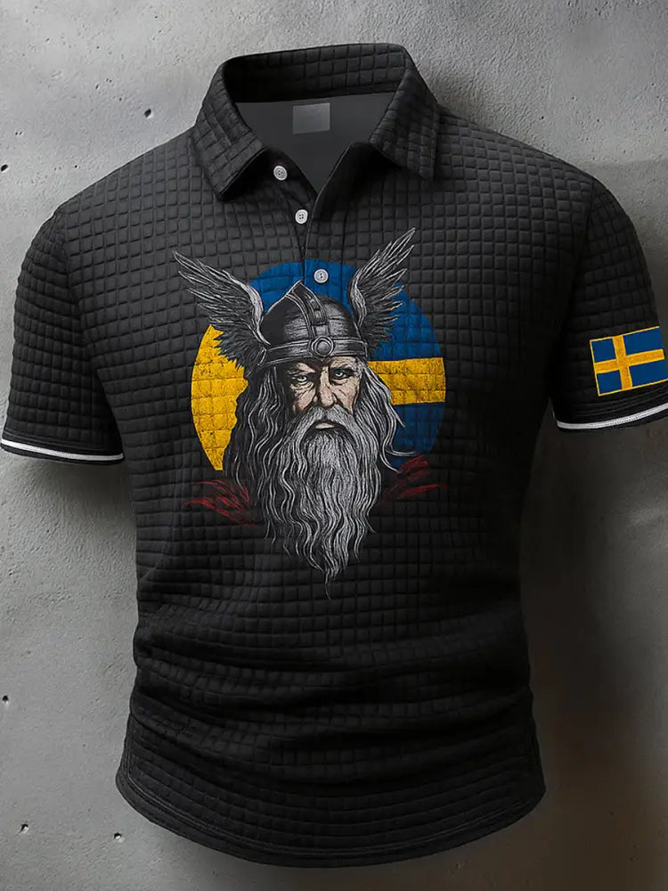 Sverige Flagg Viking konstnärlig tryckt textur V-hals korta ärmar Polo-shirt A / S