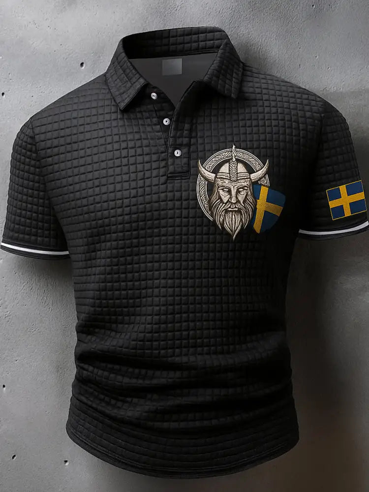 Sverige Flagg Viking konstnärlig tryckt textur V-hals korta ärmar Polo-shirt A / S