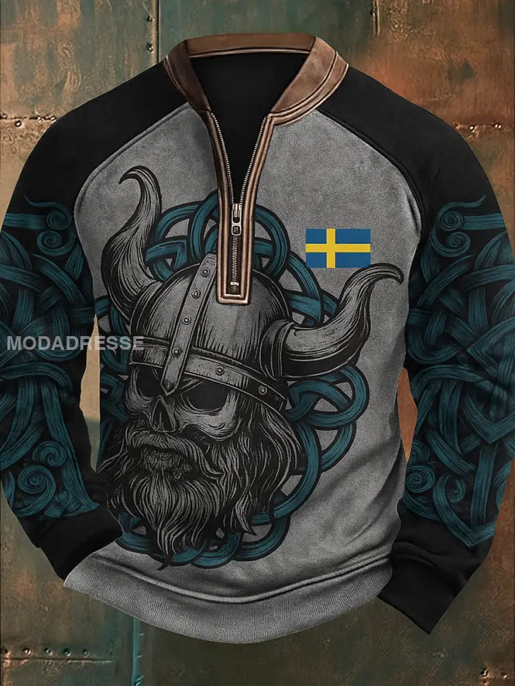 Sverige Flagg Viking mönster Tryckt VintageTexture V-Hack Stand krage blixtlåslå lång ärm Sweatshirt A / S