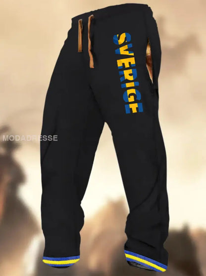 Swedish Flag Graphic Print Textur Logo Stripad Casual Sweatbyxor