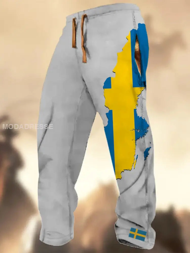 Swedish Flag Graphic Print Textur Logo Stripad Casual Sweatbyxor A / S