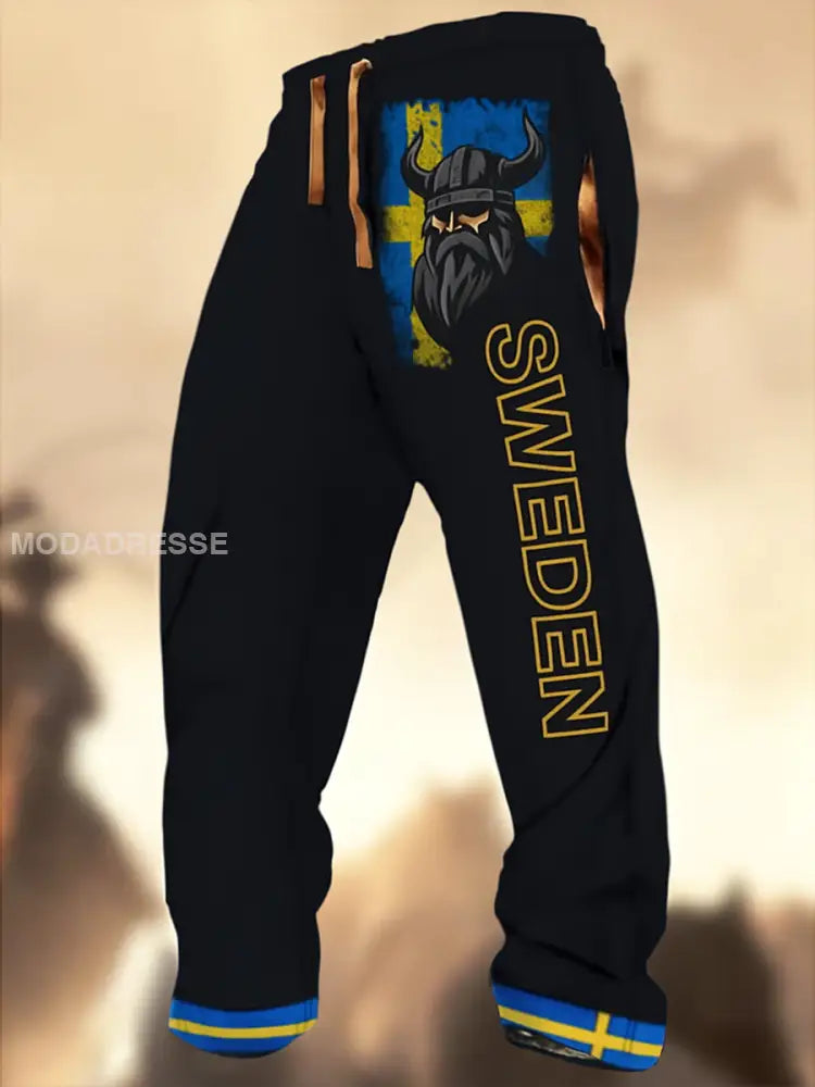 Swedish Flag Graphic Print Textur Logo Stripad Casual Sweatbyxor A / S