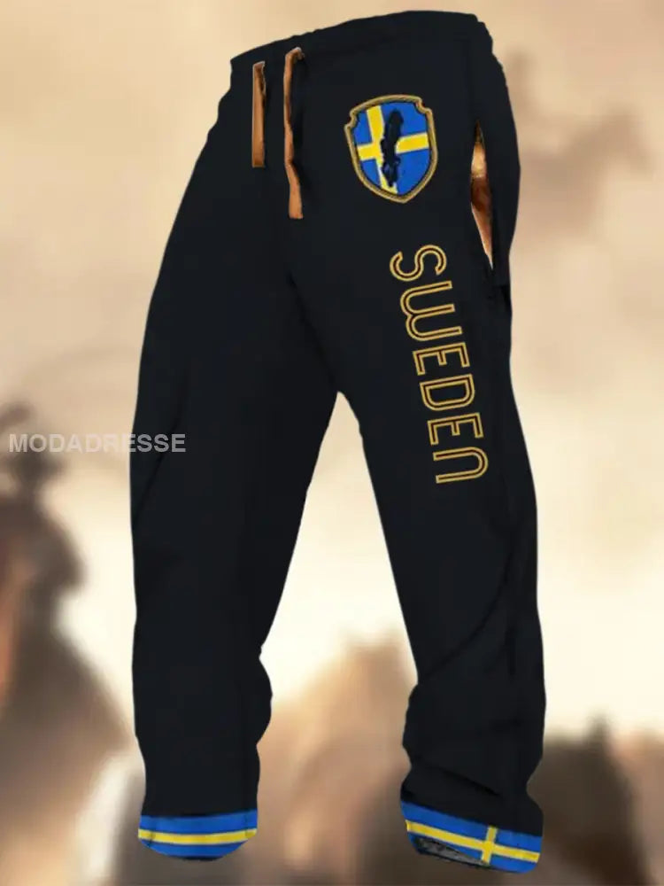 Swedish Flag Graphic Print Textur Logo Stripad Casual Sweatbyxor A / S