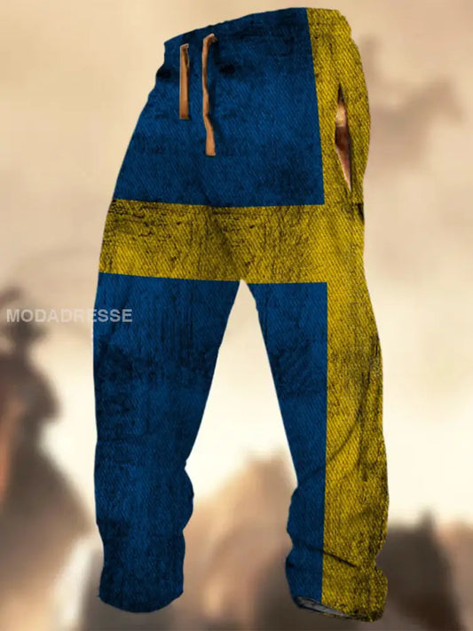 Swedish Flag Graphic Print Textur Logo Stripad Casual Sweatbyxor A / S